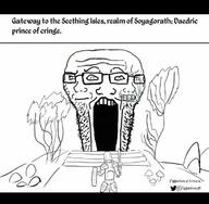 3soyjaks closed_mouth crying daedra daedric_prince drawn_background irritated sheogorath soyjak stretched_mouth stubble subvariant:soyak_(irritated) text the_elder_scrolls the_elder_scrolls_iv:_oblivion variant:markiplier_soyjak variant:soyak // 1170x1145 // 120.7KB