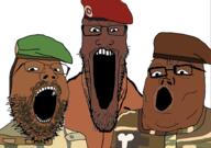 abdourahamane_tchiani africa alliance_of_sahel_states assimi_goita brown_skin burkina_faso glasses ibrahim_traore mali military military_uniform niger nigger niggers open_mouth soyjak stubble trend:soyjak_trio uniform variant:gapejak variant:markiplier_soyjak variant:tony_soprano_soyjak white_background // 1838x1290 // 691.7KB