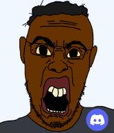 angry big_eyes big_lips black_skin buck_teeth clothes discord disgusted ear glasses grey_shirt hair nigger open_mouth soyjak stubble transparent_background variant:halojak yellow_sclera yellow_teeth // 620x720 // 59.9KB