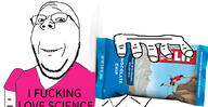 arm clif_bar clothes glasses hand holding_object i_fucking_love_science i_love science smile soyjak stubble subvariant:wholesome_soyjak text tshirt variant:gapejak // 1009x518 // 347.2KB