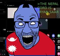 arm blue blue_skin clothes discord flag:nepal glasses greentext horn nepal open_mouth soyjak stubble tshirt variant:el_perro_rabioso white_eyes // 427x400 // 59.3KB