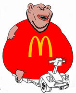 amerimutt black_sclera brown_skin clothes ear fat full_body looking_at_you mcdonalds mobility_scooter mutt obese open_mouth red_shirt scooter soyjak stubble subvariant:impish_amerimutt united_states variant:impish_soyak_ears white_background // 736x893 // 241.8KB