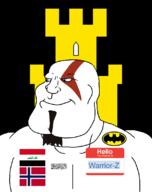 Warrior-Z(user) afghanistan arabic_text aryan batman batman_(series) beard blue_eyes buff building castle closed_mouth county finnmark flag flag:finnmark flag:iraq flag:norway flag:taliban goatee god_of_war hair hello_my_name_is_(sticker) iraq kratos norway shahada smile soyjak subvariant:mexiaryan taliban text variant:meximutt video_game // 886x1120 // 69.7KB