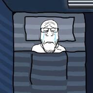 bed bedroom blanket chud closed_mouth clothes crying ear glasses hair sad soyjak subvariant:neutralplier variant:markiplier_soyjak // 588x590 // 145.9KB