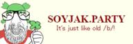 b_(4chan) 4chan 4cuck anime banner closed_eyes clothes glasses green_hair hair hand open_mouth smile soyjak soyjak_party stubble text variant:israeli_soyjak yotsoyba // 300x100 // 22.3KB