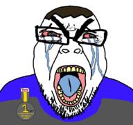 angry award clothes crying glasses open_mouth red_eyes seethe soyjak stubble subvariant:seethejak teeth text tongue variant:bernd // 609x571 // 175.8KB