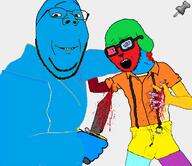 2soyjaks arm blood bloodshot_eyes blue_skin clothes crying dog ear glasses grey_skin hairy hand holding_knife holding_object janny knife leg open_mouth push_pin smile soyjak stab sticky stubble subvariant:crying_soyak_ears2 subvariant:wholesome_soyjak trend:colorjak variant:gapejak variant:soyak // 692x598 // 101.1KB