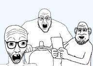 3soyjaks arm blart ear eyebrows eyes fat glasses holding_object nose nuvariant open_mouth rooked_teeth scooter series:trios_&_duos soyjak stubble torso variant:blartjak variant:casnatus variant:firstjak wrinkles // 1300x921 // 35.5KB