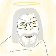 beard closed_mouth glasses glowing god grey_hair halo smile soyjak variant:feraljak yellow_eyes // 1500x1500 // 853.5KB