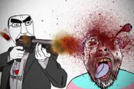 2soyjaks angry blood bloodshot_eyes closed_mouth clothes crying death eyeball firearm glasses gore gun hair hand heart holding_gun holding_object holding_shotgun i_love mustache open_mouth purple_hair shotgun stubble subvariant:chudjak_front suit total_tranny_extermination tranny variant:bernd variant:chudjak weapon // 2400x1600 // 9.0MB