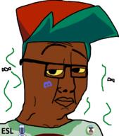 badge bald black_skin blue_hair boyfriend_(friday_night_funkin') cap closed_mouth clothes fnf_pedo friday_night_funkin' glasses hair hat map_(pedophile) merge meta:op_took_a_selfie_of_xerself neutral pedophile raised_eyebrow smug soyjak stinky sweating text trend:slopjak unbothered variant:chudjak variant:smugjak yellow_sclera // 841x958 // 3.1MB