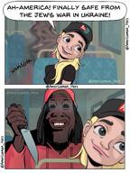 americaman clothes comic dark_eyes holding_object iryna_zarutska knife nigger smile text ukraine variant:markiplier_soyjak // 1667x2222 // 3.1MB