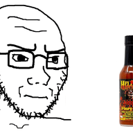 animated arm bloodshot_eyes bottle burning concerned crying drinking ear fire food frown glasses hand holding_object hot_sauce open_mouth scared soyjak stubble variant:soyak vein // 1200x748 // 1.3MB