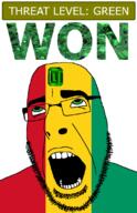 ahegao country emerald flag flag:Guinea gem glasses green green_eyes guinea hair looking_up open_mouth schlog_color_event soyjak soyjak_blog stubble teeth text threat_level_green variant:cobson won // 721x1115 // 139.1KB