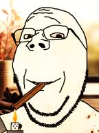 brown_teeth cinnamon cinnamon_roll cinnamoroll closed_mouth glasses red_eyes smoking subvariant:wholesome_soyjak variant:gapejak // 600x800 // 392.0KB