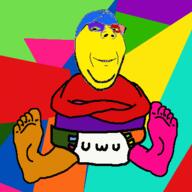 animated arm clothes colorful crossed_arms diaper foot full_body glasses hand leg piss poop poopjak sitting smile soyjak stubble subvariant:wholesome_soyjak variant:gapejak // 400x400 // 202.9KB