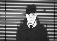 blinds clothes coat detective fedora glasses hat looking_to_the_left necktie noir soyjak stubble variant:godjak // 1080x792 // 412.1KB