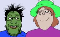 2soyjaks are_you_soying_what_im_soying closed_mouth clothes female femjak frog froge glasses green_skin grin hair hat pepe smile soyjak stubble variant:gapejak variant:markiplier_soyjak // 2303x1440 // 89.9KB