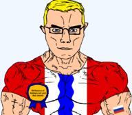 arm award blue_eyes buff christianity closed_mouth clothes eastern_orthodox eyes_like_the_o-o-cean flag flag:omsk_oblast flag:russia glasses hair kolmya kuz oblast omsk_oblast orthodox_cross russia soyjak subvariant:chudjak_front subvariant:muscular_chud text transparent transparent_background tshirt variant:chudjak vein yellow_hair // 1059x929 // 63.1KB