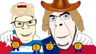 2soyjaks blue_eyes brown_eyes brown_hair closed_mouth cowboy_hat cuba flag:cuba flag:texas glasses gusano hugging looking_at_you medal mexico no_more_brother_wars slave smile straw_hat stubble texas variant:cobson variant:feraljak white_skin // 1920x1080 // 453.7KB