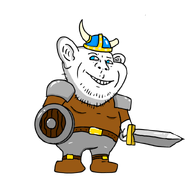 belt blue blue_eyes ear gold holding_object holding_sword horn leather_jacket no_glasses shadow shield shining shiny shoegaze shoulder_pad smile swedish_win sword variant:impish_soyak_ears viking viking_helmet wood // 807x813 // 156.6KB