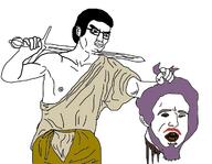 beard blood chud closed_mouth clothes decapitation ear glasses hair holding_object holding_severed_head holding_sword nipple open_mouth purple_hair robe severed_head soyjak sword variant:chudjak weapon yellow_teeth // 1200x933 // 206.1KB