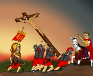 armor art beard blood bloodshot_eyes body_paint caesar caesars_legion cape christian_cross christianity chud circumcised clothes cross crown_of_thorns crucifixion drawn_background fire gladius glasses helmet horse iwo_jima_flag_raising jesus jesus_christ laurel legionary leopard merchant_nose multiple_soyjaks nails open_mouth painting pelt religion roman roman_legionary_helmet rome salute sandals shorts side_profile smile smug spqr standard straight-arm_salute subvariant:feralsquirrel swastika tattoo tiny_penis tongue trend:squirreljakking variant:bernd variant:chudjak variant:feraljak variant:isaac yeshua ywnbag // 2507x2048 // 3.3MB