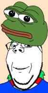 4chan amphibian anime artist:xjanny clothes costume frog glasses green_hair green_skin hair nas:pepe pepe_the_frog smile stubble suba subvariant:wholesome_soyjak variant:gapejak yotsoyba // 600x1150 // 27.8KB