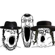 3soyjaks clothes glasses hat judaism kippah open_mouth payos soyjak soyjak_trio star star_of_david stubble variant:gapejak variant:markiplier_soyjak variant:tony_soprano_soyjak // 700x695 // 178.1KB