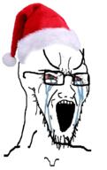 bloodshot_eyes christmas clothes crying glasses hat large_eyebrows open_mouth santa santa_hat soyjak stretched_mouth stubble variant:soyak // 785x1249 // 449.3KB