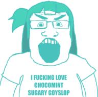 angry clothes glasses goyslop green_eyebrows green_hair gyari hair i_love kotonoha_aoi open_mouth soyjak subvariant:science_lover text tshirt variant:markiplier_soyjak voiceroid // 800x789 // 42.0KB