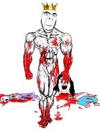 3soyjaks a_(4chan) blood buff clothes crown dead fat flag full_body glasses gore hair hat holding_object holding_severed_head king open_mouth severed_head smile soyjak stubble tranny variant:alicia variant:chudjak variant:cobson walking white_skin // 1476x1944 // 1.4MB