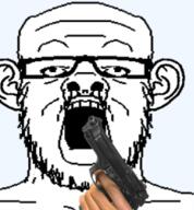 ear glasses gun gun_in_mouth open_mouth soyjak stubble suicide teeth variant:a24_slowburn_soyjak // 232x250 // 32.8KB