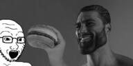 arm food gigachad glasses hamburger hand holding_object nas:gigachad open_mouth soyjak stubble variant:soyak // 2000x1000 // 570.8KB