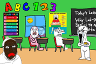 angry award baby bald black_hair black_skin blackface bloodshot_eyes building classroom closed_mouth clothes crying desk ear eyebrows flag:nazi_germany floor forehead_lines glasses gums hair laughing lips lipstick multiple_soyjaks nose open_mouth purple_hair stubble subvariant:scholar sun swastika teacher teeth text tranny variant:bernd variant:chudjak variant:feraljak variant:gapejak variant:markiplier_soyjak variant:soyak white_skin window // 1500x1000 // 545.7KB