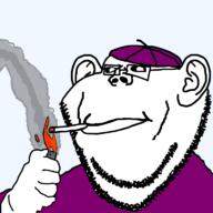 bishop cigarette clothes ear fire glasses hand hat holding_object jerzy lighter nie smoking soyjak stubble urban variant:impish_soyak_ears // 768x768 // 156.6KB