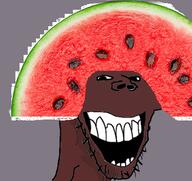 black_skin food fruit irl open_mouth soyjak stubble subvariant:splicejak teeth variant:impish_soyak_ears watermelon // 374x353 // 175.0KB