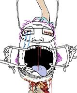 blood blood_drip blood_from_mouth blood_from_neck bloodied_teeth bloodshot_eyes broken_teeth crying decapitation deep_wound exposed_bone glasses gore hair maggots mutilation nasal_cannula open_mouth purple_hair severed_head soyjak stubble tongue tongue_out tranny variant:unknown white_background // 480x581 // 38.2KB