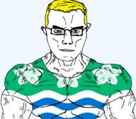 arm blue_eyes british buff closed_mouth clothes cumberland ear england flag flag:cumberland flower glasses hair plant soyjak subvariant:chudjak_front subvariant:muscular_chud trend:aryan tshirt united_kingdom variant:chudjak vein yellow_hair // 1059x929 // 137.1KB