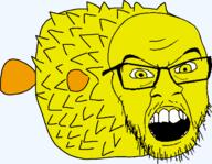 animal fish full_body glasses mustache open_mouth openbsd puffer_fish soyjak stubble tail variant:feraljak yellow_eyes yellow_skin // 1399x1087 // 38.2KB