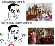 arm catholic christianity clothes glasses hair hand hands_up judaism open_mouth orthodox_church pol_(4chan) religion soyjak text tshirt variant:chudjak // 1024x852 // 543.9KB