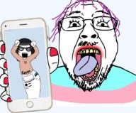 2soyjaks arm glasses hand holding_object holding_phone nintendo nintendo_switch open_mouth soy soyjak soylent stubble text tranny variant:bernd variant:soytan video_game // 921x763 // 293.7KB