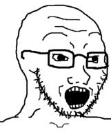 glasses not_the_original open_mouth raised_eyebrow soyjak stubble teeth template variant:soyak // 632x756 // 25.8KB