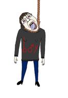 arm bloodshot_eyes boymoder clothes crying full_body glasses hair hand hanging leg open_mouth rope soyjak suicide tongue tranny variant:bernd yellow_teeth // 1006x1454 // 101.1KB