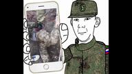 animated arm camouflage closed_mouth clothes ear emr_pattern flag gore hair hand hat holding_object holding_phone iphone irl military music neutral nsfw russia russo_ukrainian_war sound soyjak star uniform variant:carterjak variant:kuzjak video // 1920x1080, 95.8s // 17.5MB