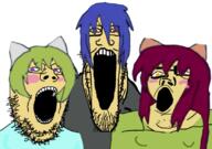3soyjaks blue_hair blush cat_ear clothes glasses green_hair nyan_neko_sugar_girl open_mouth pink_hair soyjak soyjak_trio stubble variant:gapejak variant:markiplier_soyjak variant:tony_soprano_soyjak // 828x581 // 395.8KB