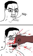 2soyjaks beaten black_skin blood broken_glasses closed_mouth fist flag glasses hair hand open_mouth punch racism soyjak text variant:chudjak // 1137x1920 // 595.5KB