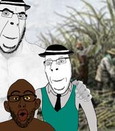 3soyjaks arm black_skin buck_breaking buff clothes drawn_background full_body glasses hand hat history necktie open_mouth redraw slave smile smug soyjak stubble subvariant:nucob variant:cobson variant:nojak yellow_sclera // 1484x1682 // 1.3MB