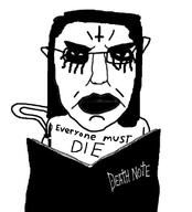 angry arm black_metal book closed_mouth death_note ear glasses hair hand holding_book holding_object millions_must_die pen soyjak subvariant:chudjak_front text variant:chudjak // 615x680 // 127.5KB