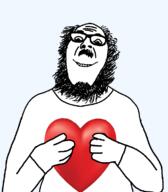 arm beard full_body glasses hair hand holding_heart holding_object mustache smile soyjak sweater variant:ignatius wholesome // 656x748 // 86.3KB
